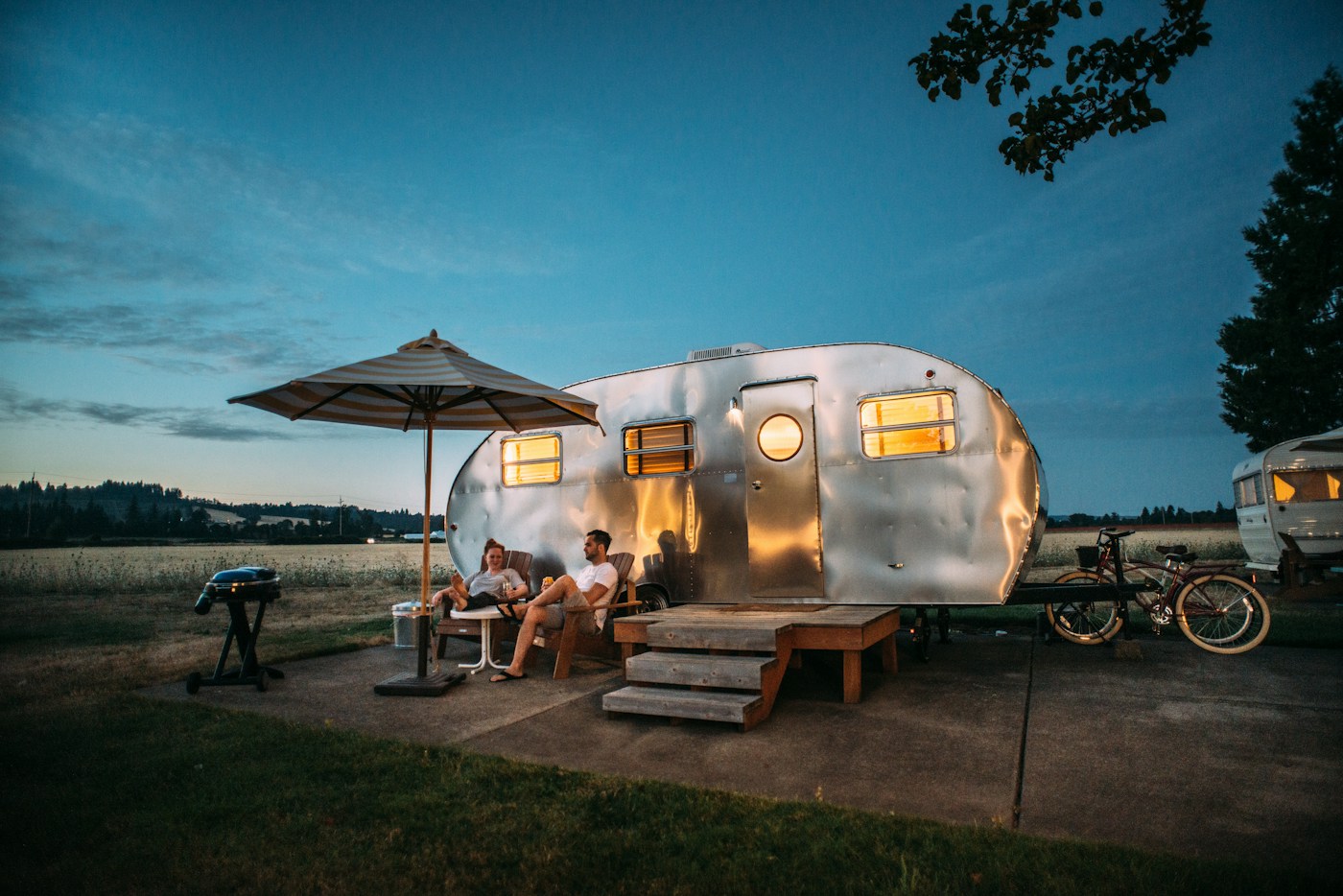 Caravan escape in an open mountain landscape