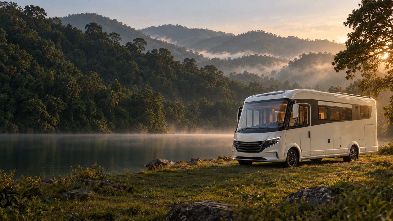 An ivory luxury caravan beside a misty lake framed by lush Western Ghats hills